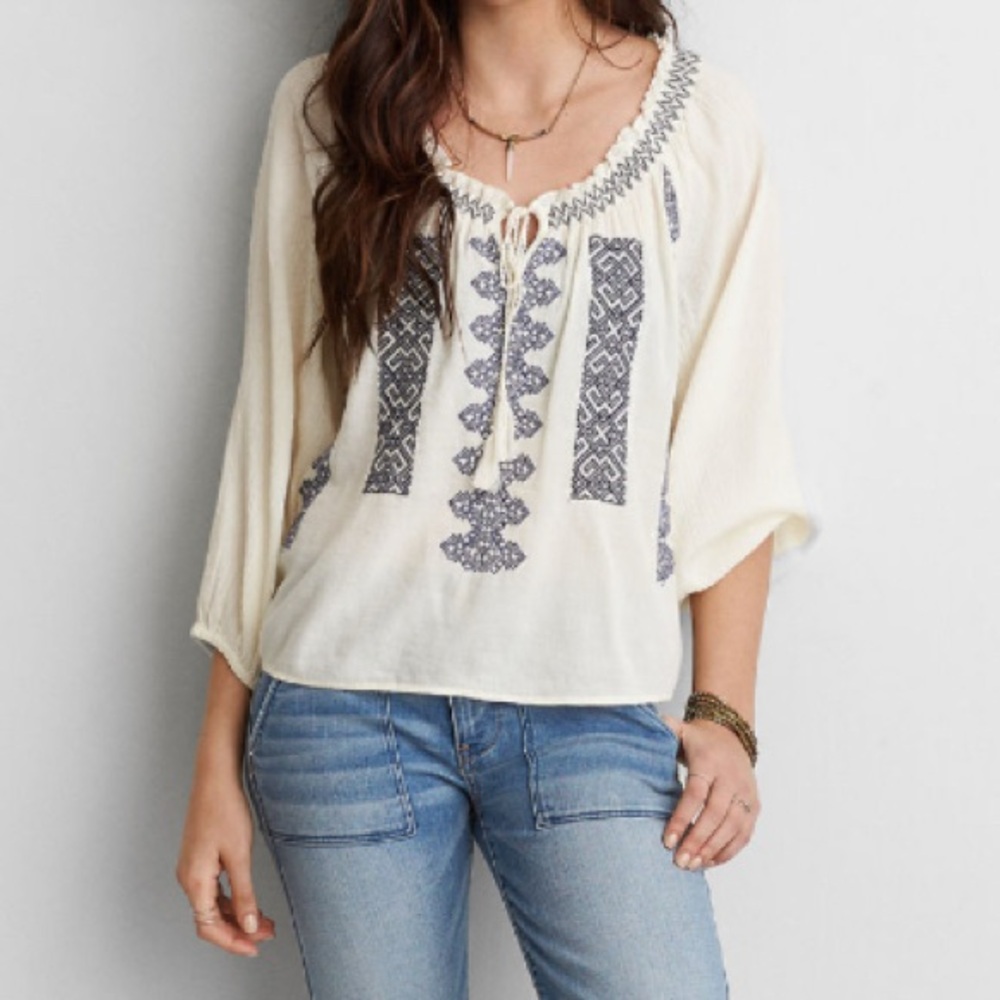 American Eagle Outfitters Embroidered Peasant Blouse Cream White and Blue Size M